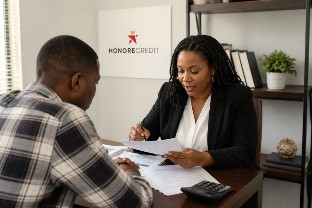 Financial advisor or credit specialist meeting with client in professional office setting, discussing paperwork and credit improvement strategy
