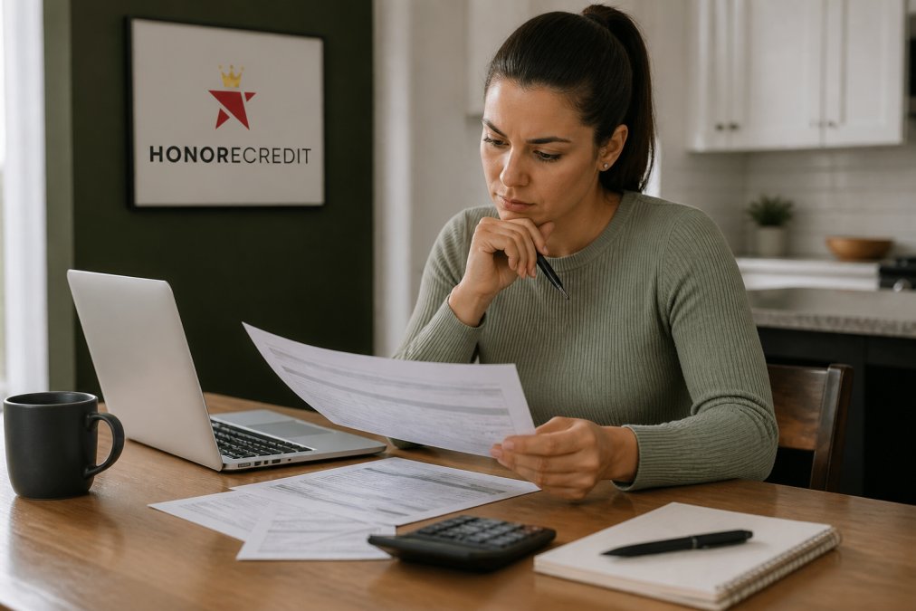 A person reviewing credit report documents and a laptop showing financial data at a kitchen table, with a notepad and pen nearby
