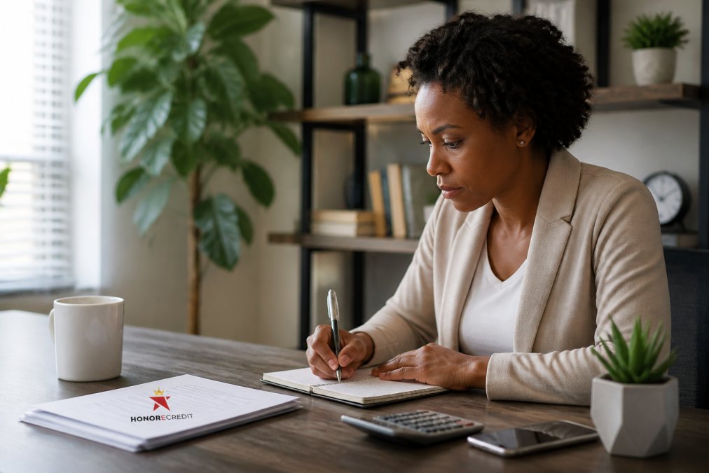 Small business owner reviewing business credit report on computer screen in home office, looking focused and determined while taking notes