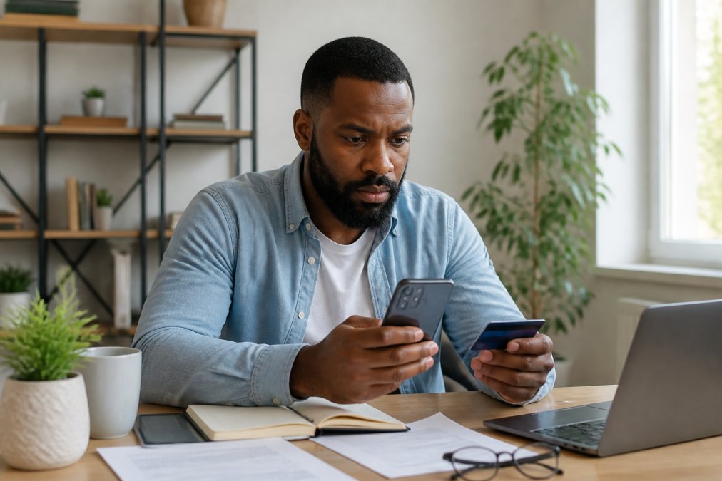Person holding a smartphone and credit card, carefully reviewing information on the screen in a home office setting with organized desk