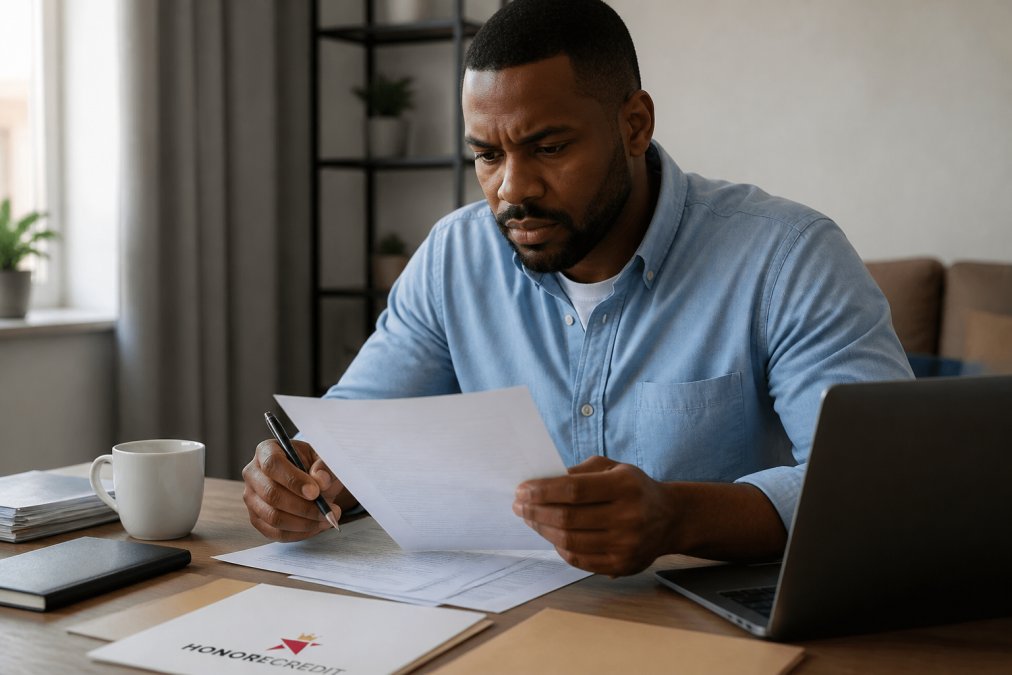 A person reviewing a credit report at a desk with a laptop and a cup of coffee, looking focused and determined