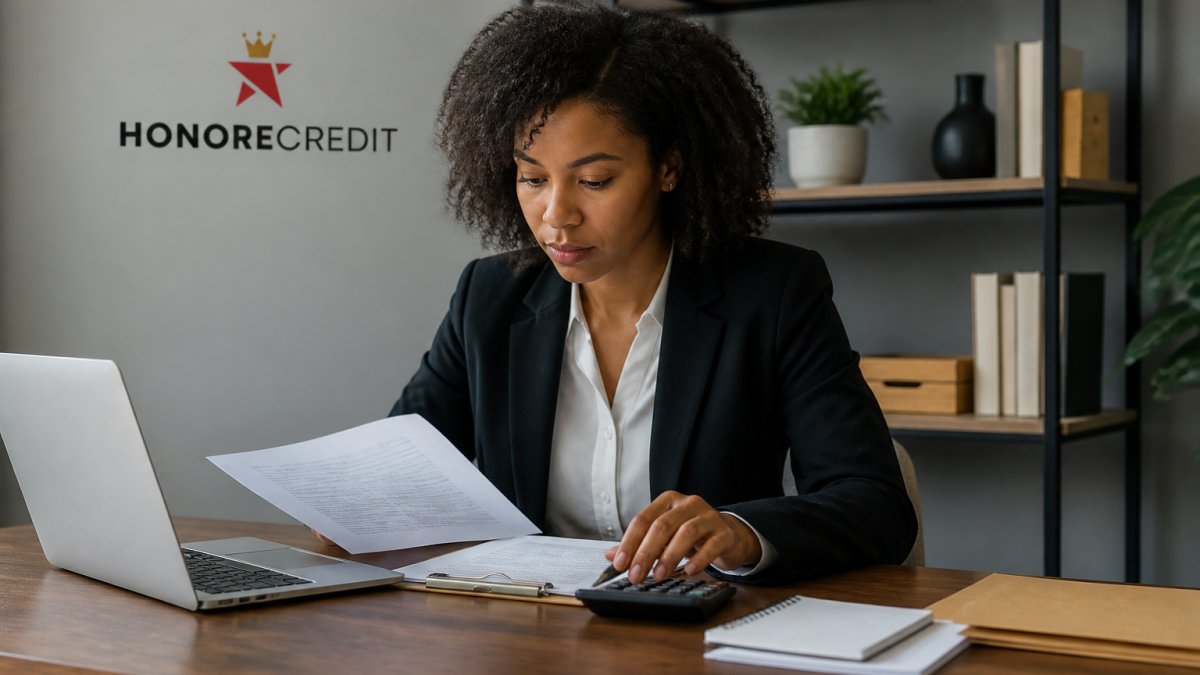 Professional reviewing credit report documents at desk with laptop and calculator, natural office lighting