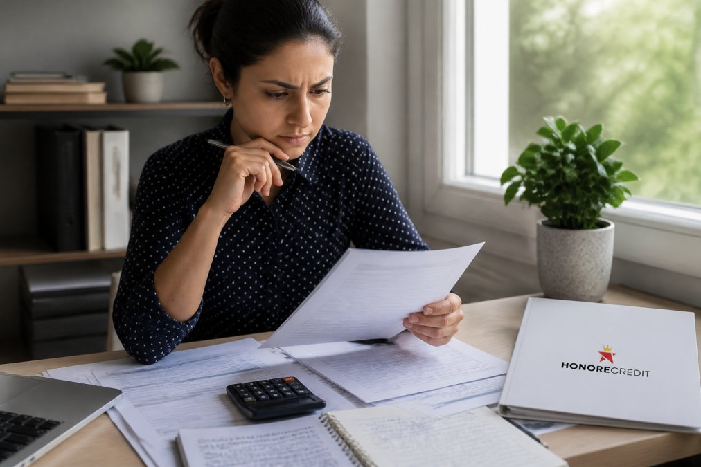 Person reviewing their credit report on a computer screen in a home office, with financial documents, calculator, and notepad on the desk, natural window lighting