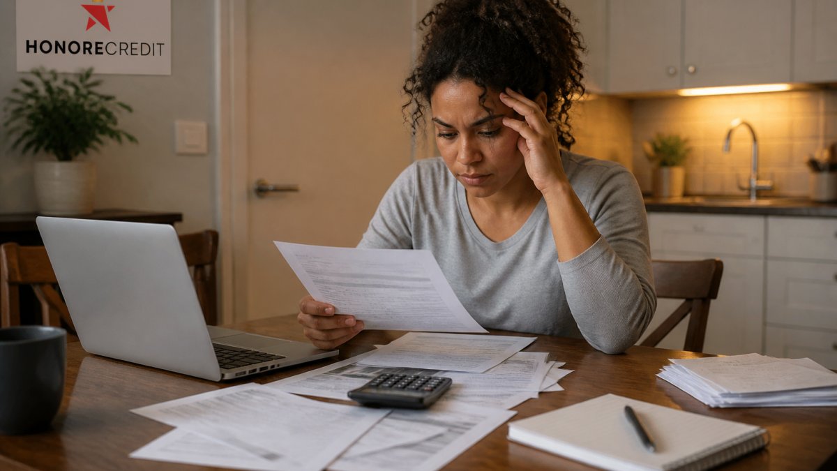 A person sitting at a kitchen table with a laptop, printed credit report pages, and a calculator, reviewing finances under warm evening lamplight