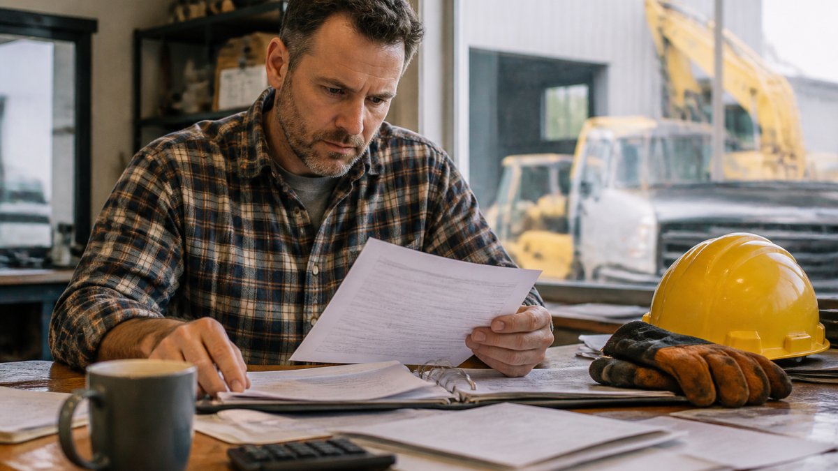 Construction business owner reviewing loan paperwork for business financing at a desk with a hard hat and gloves