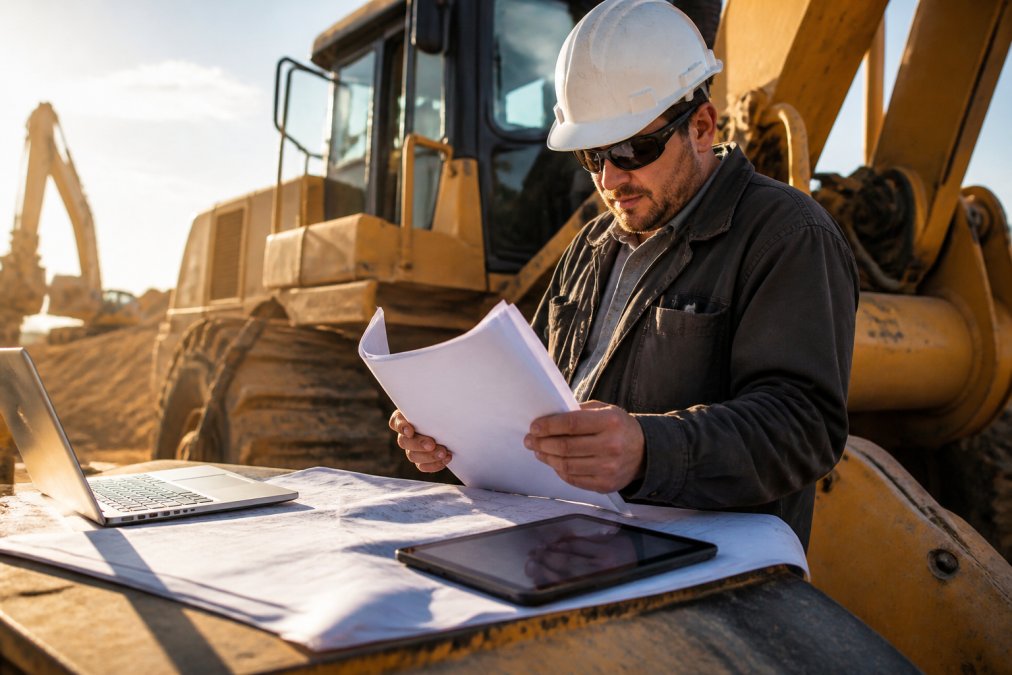 Business owner in hard hat reviewing equipment financing documents with a laptop and tablet on a job site, natural sunlight streaming through windows