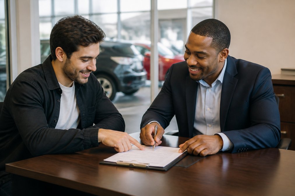 First-time car buyer sitting at a dealership desk reviewing loan documents with a friendly finance manager, both smiling and pointing at paperwork together in a modern office setting with natural light