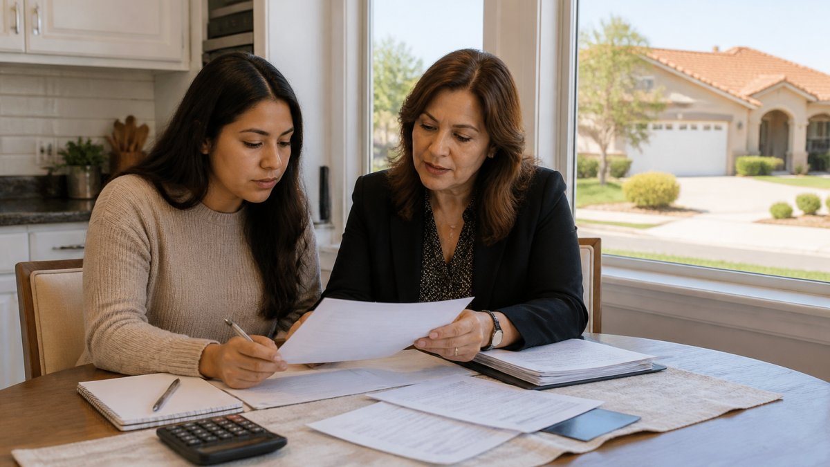 A first-time homebuyer sitting at a kitchen table reviewing credit reports and financial documents with a realtor, natural window light, Central Valley home visible through the window