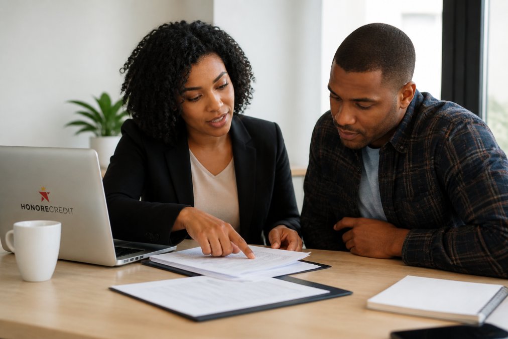 A financial consultant reviewing credit reports with a client at a clean, modern desk, documents and a laptop visible, natural office lighting