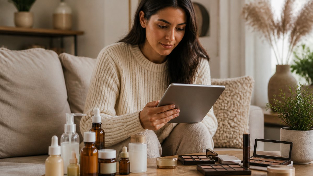 A woman browsing clean beauty products on a tablet in a cozy, well-lit living room, with skincare bottles and makeup palettes arranged on a wooden table