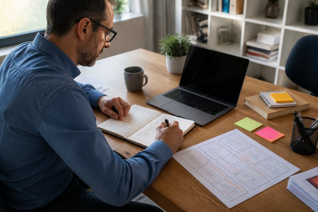 Formateur travaillant à son bureau avec un ordinateur portable ouvert affichant un plan de cours structuré, des notes manuscrites sur la pédagogie visibles à côté, et un storyboard e-learning imprimé avec des couleurs et des diagrammes de flux