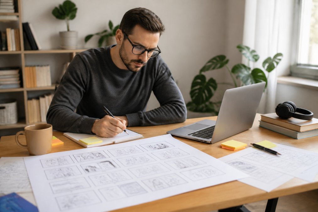 Instructeur-concepteur travaillant sur un ordinateur portable avec un storyboard e-learning détaillé imprimé devant lui, des notes pédagogiques manuscrites, et des ressources de formation vidéo visibles sur l'écran, dans un espace de travail lumineux et organisé