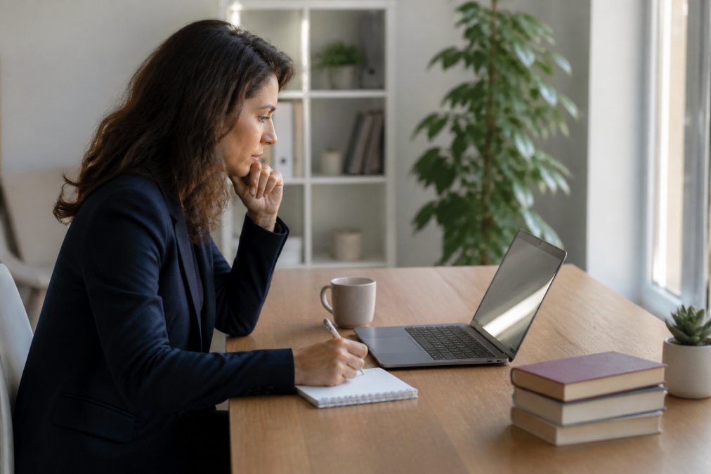 Professional coach working at modern desk with laptop, analyzing conversion metrics and prospect data on screen in bright office setting
