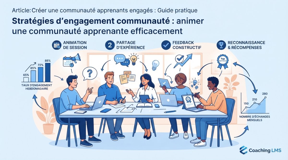 Infographie illustrant le processus de collaboration d'une communauté apprenants engagés autour de projets communs.