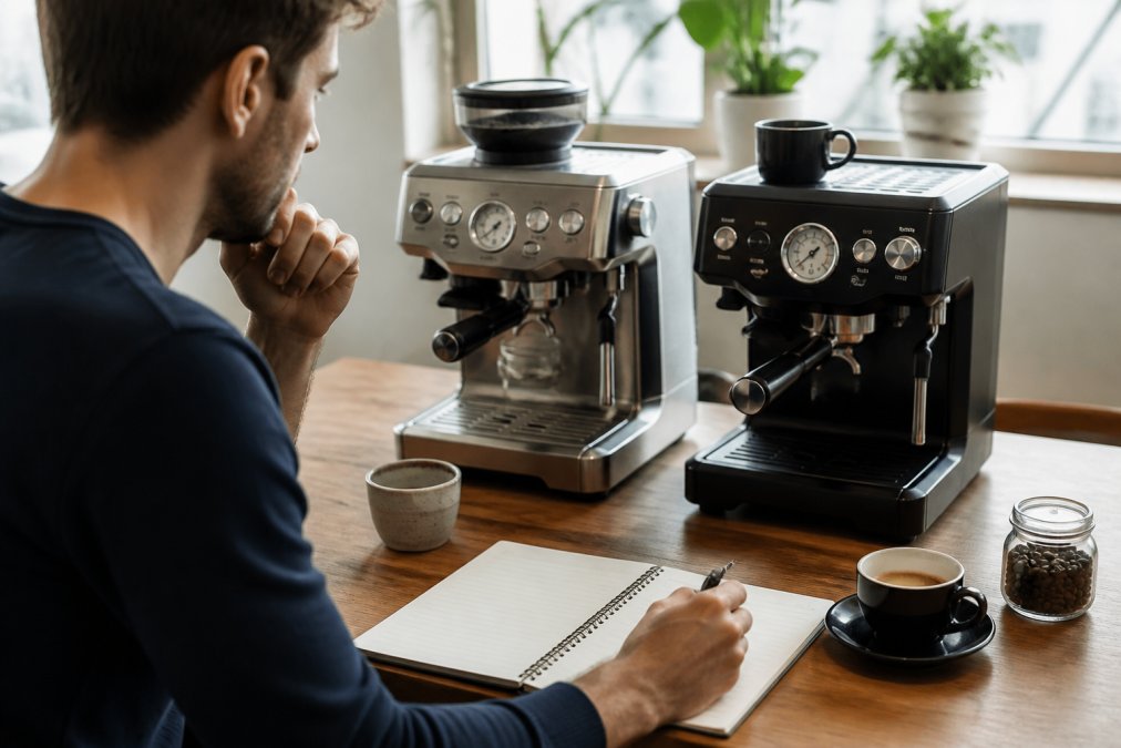 En person sammenligner to forskellige espressomaskiner side by side på en arbejdsbord, med notesblok og kaffe i nærheden, naturligt lys fra vindue