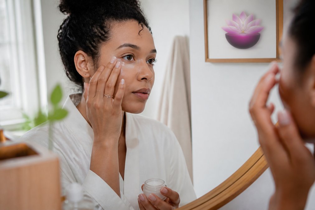 Close-up of a woman's hands gently applying eye cream around her eye contour with her ring finger, soft natural bathroom lighting, calm and serene atmosphere, skincare ritual at home