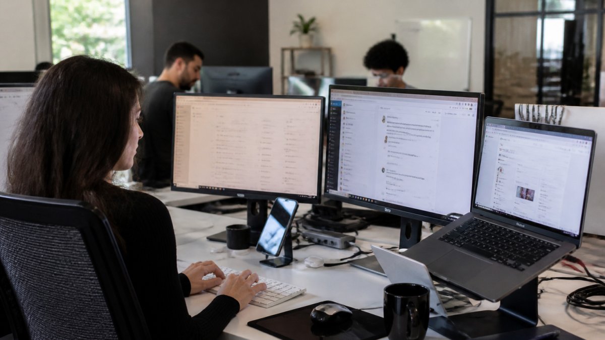 Professional team members collaborating at modern desk with multiple monitors displaying customer service dashboards and client brand logos in contemporary office setting