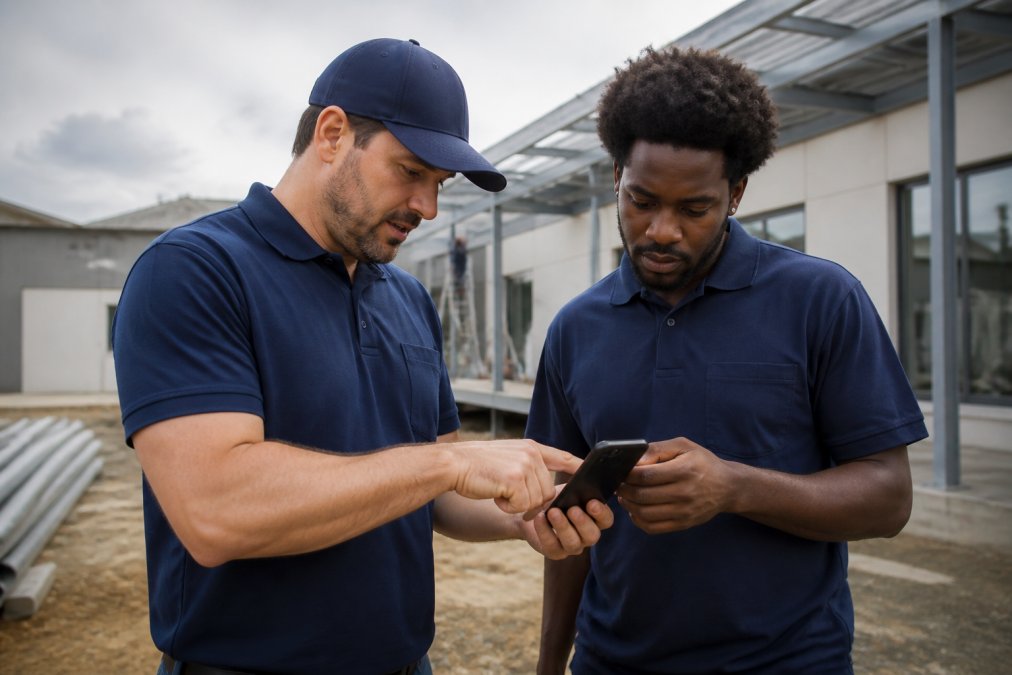 Field crew members on a job site checking mobile devices, with one technician pointing at a smartphone showing a work order while another crew member watches
