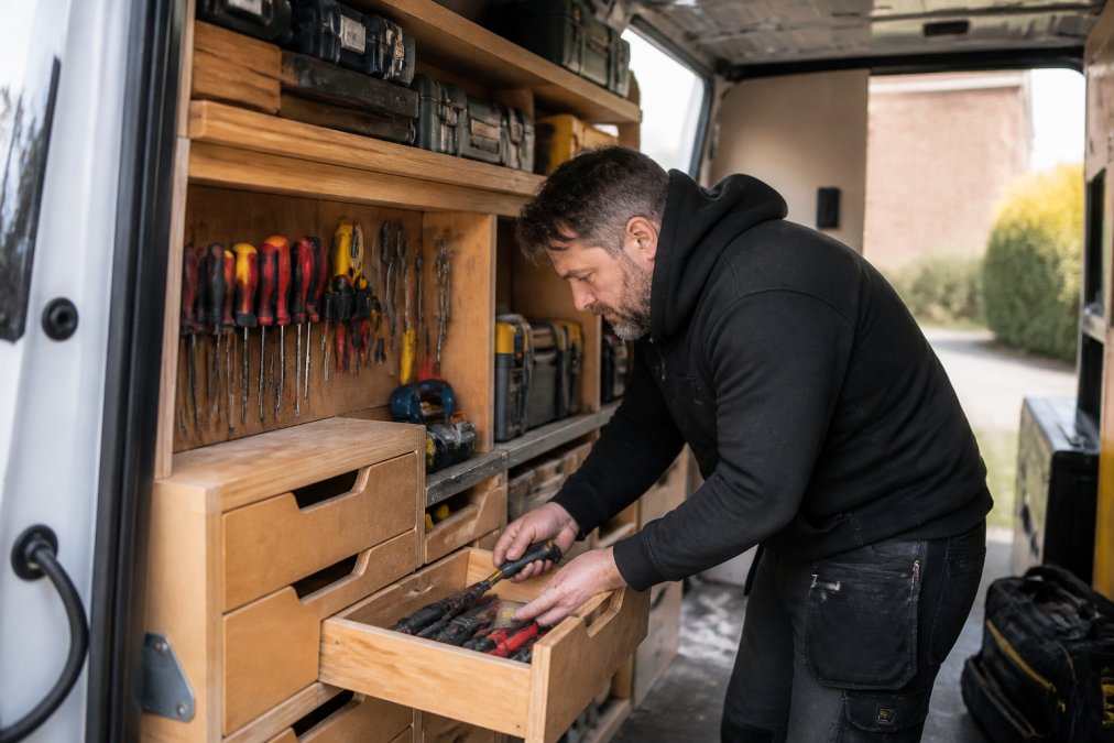A tradesman in work clothes organising hand tools on a plywood racking system inside a crew van, with shelves and drawers visible in natural daylight