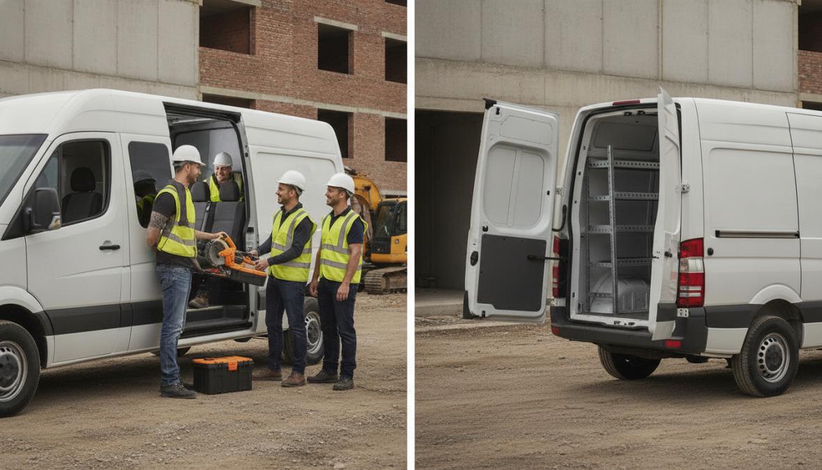 A crew van parked at a commercial job site with construction workers loading power tools and equipment into the cargo area, showing the spacious passenger seating visible through windows and cargo space in active use