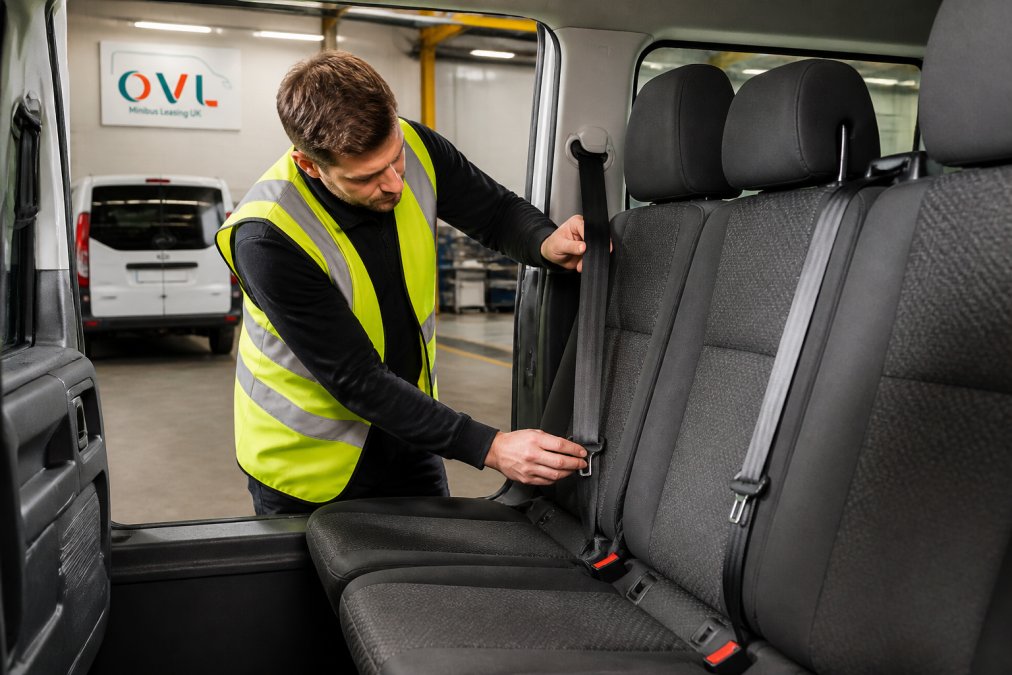 A fleet manager in a high-visibility vest inspecting the interior of a modern crew van, checking the seating and seatbelt anchor points in a well-lit vehicle depot