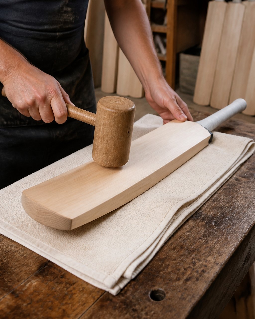 Close-up of a cricketer's hands holding a wooden knocking mallet, gently tapping the face of a new English willow cricket bat, with the bat resting on a soft cloth on a workbench