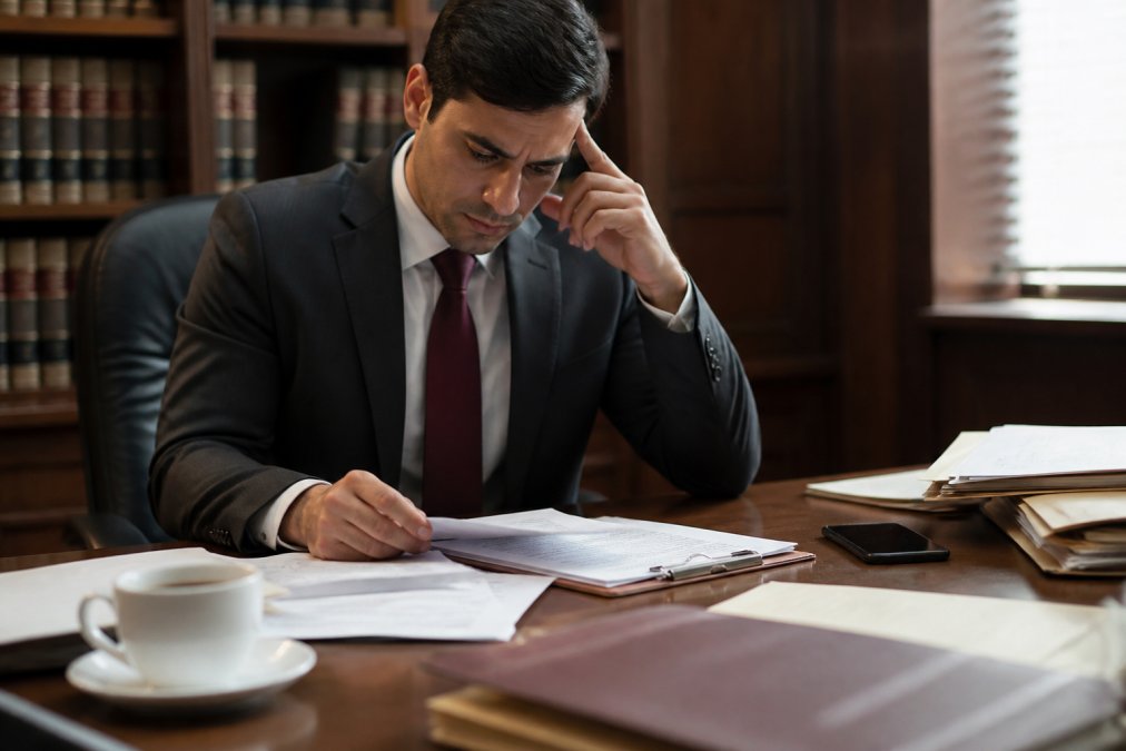 Professional in business attire sitting at a desk reviewing legal documents with a concerned expression, phone nearby, papers spread across the surface in a law office setting