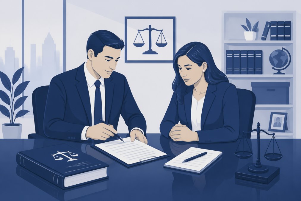 Attorney and client meeting in a professional law office, reviewing documents together at a polished conference table with a collaborative, supportive atmosphere
