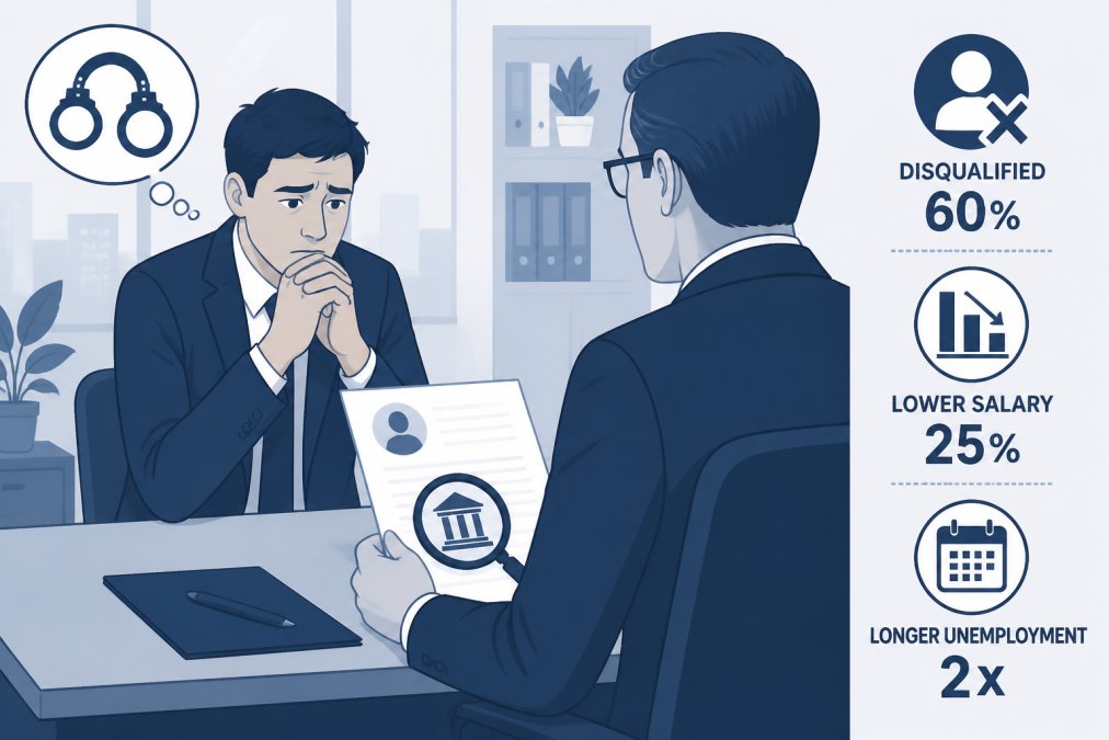 Job applicant sitting across from a hiring manager during an interview in a professional office setting, showing nervous body language and concern about criminal charges employment