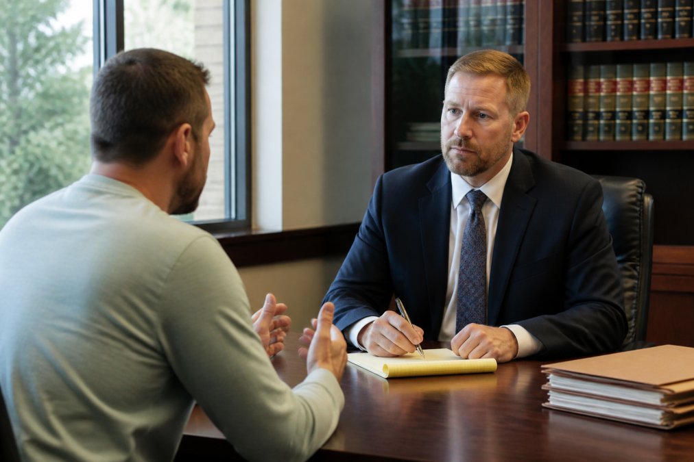 Criminal defense attorney in professional business attire meeting with client across desk in law office, attorney taking notes while client speaks, natural office lighting through windows