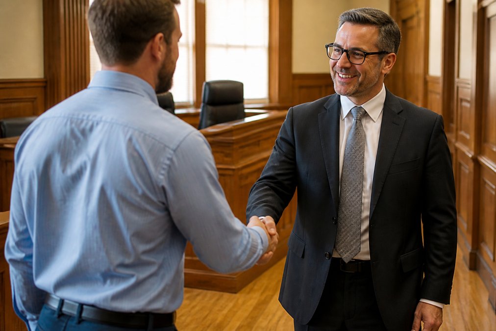 Professional in business attire shaking hands with attorney in courtroom hallway, natural institutional lighting, beginning of attorney-client relationship