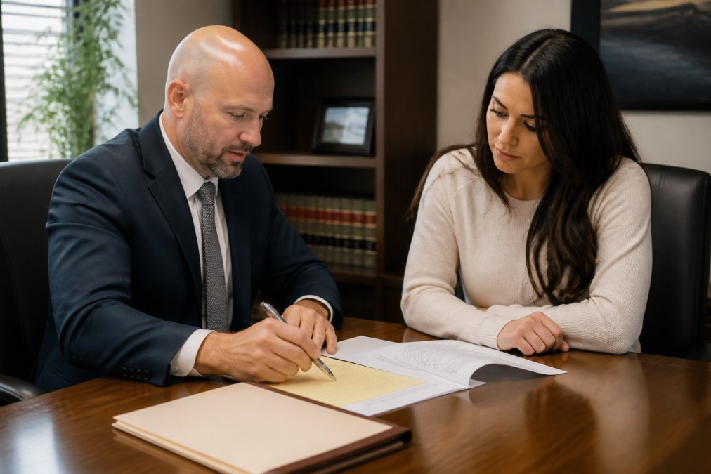Professional attorney and client in serious consultation at desk with legal documents and notepad in modern law office with natural lighting