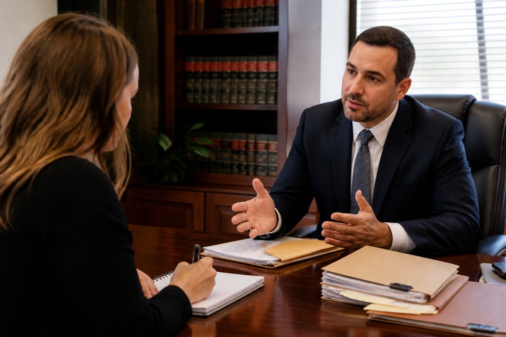 Client taking detailed notes during consultation with criminal defense attorney across office desk, with case files and legal documents visible, attorney gesturing during explanation of legal strategy