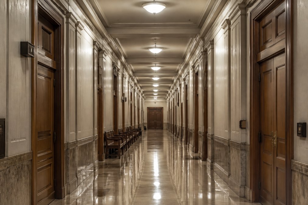 Modern courthouse hallway with polished floors and professional lighting, rows of wooden courtroom doors lining both sides, conveying the serious institutional environment of the justice system