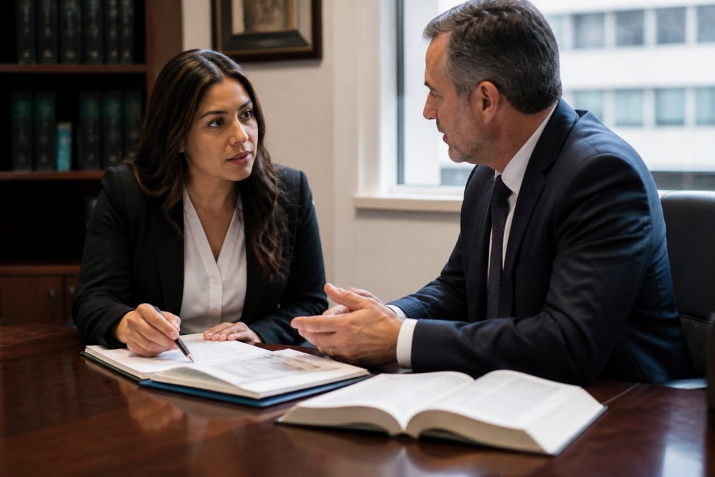 Professional client in business attire seated at desk with attorney, reviewing legal documents together in modern law office with natural window lighting, suggesting serious case preparation