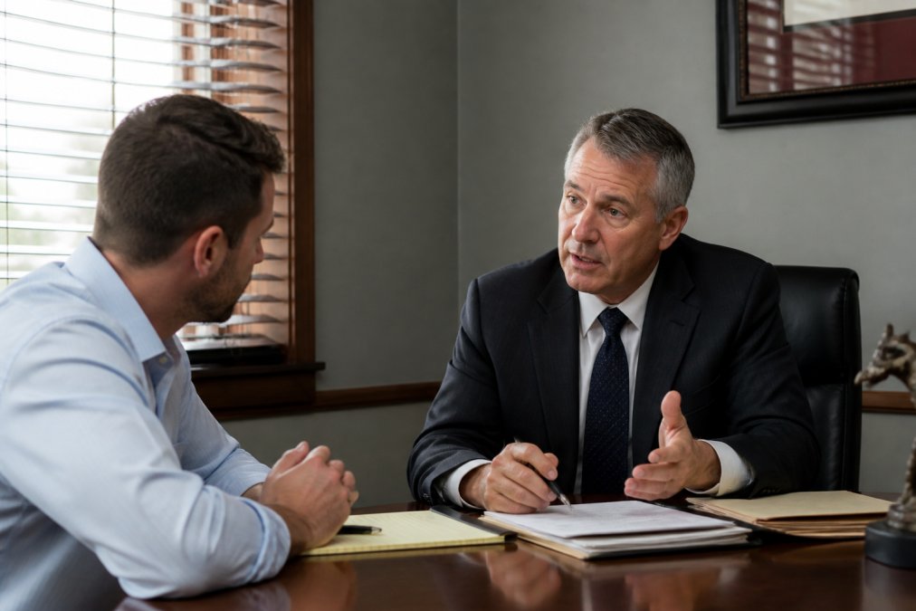 A professional attorney in a dark suit meeting with a client in a private office, both seated at a table with documents and a notepad, conveying a serious but reassuring atmosphere with soft natural light from a window