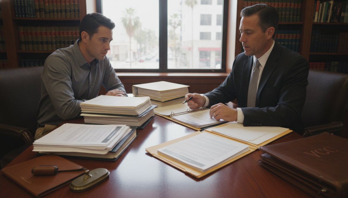 Criminal defense attorney reviewing case documents and evidence with client in professional law office consultation room, discussing strategy and legal options