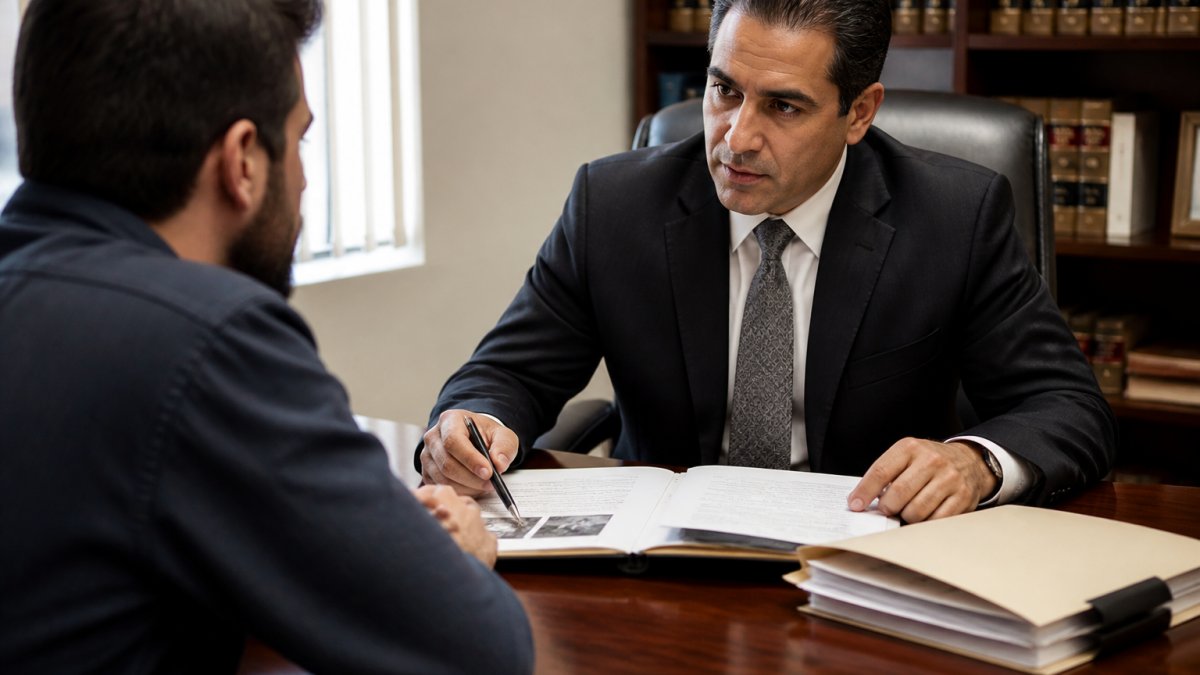 Attorney reviewing legal documents with a client to discuss a criminal defense assault case strategy