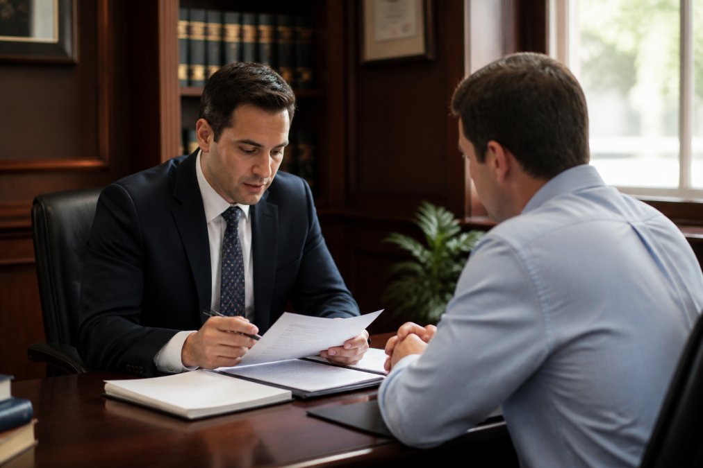 Attorney reviewing documents with a client to discuss criminal defense for domestic violence cases in a law office.
