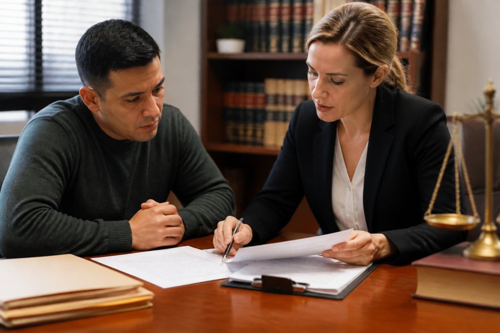 Non-citizen meeting with criminal defense attorney in professional office setting, reviewing case documents and discussing legal strategy with serious concentration