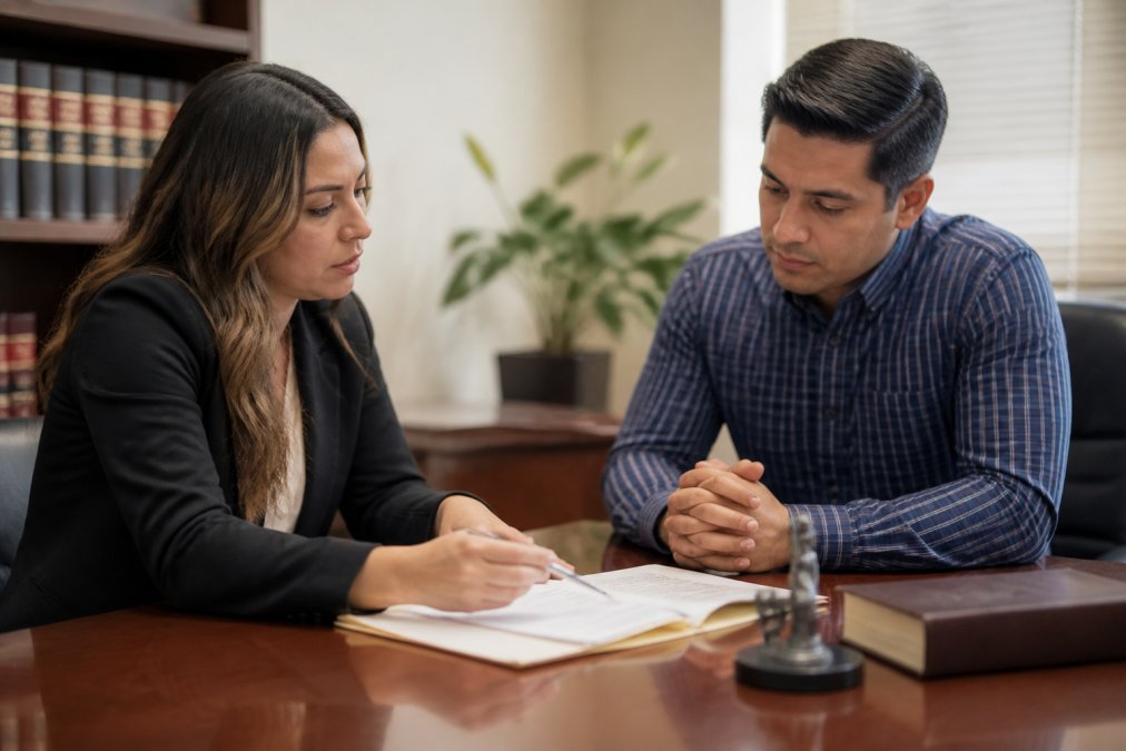 Attorney and non-citizen client in serious consultation at desk with legal documents, discussing defense options and potential outcomes with focused attention