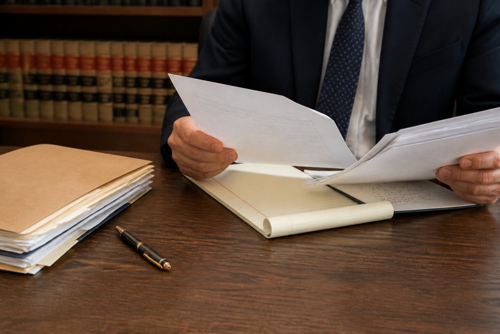 Person sitting at desk reviewing legal documents and notes in preparation for consultation, with folder and pen visible on wooden surface