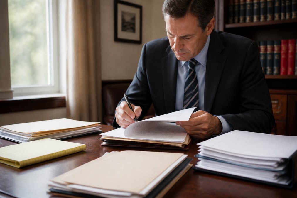Professional sitting at a wooden desk reviewing legal documents and notes with a pen in hand, organized files and notepad visible, natural office lighting from a nearby window