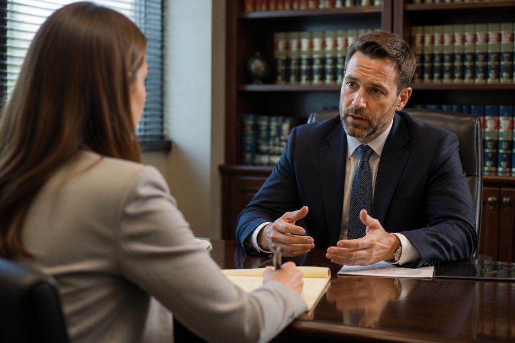 Client and attorney having a serious conversation across a modern law office desk, the client taking notes while the attorney gestures thoughtfully, professional office setting with legal books visible on shelves