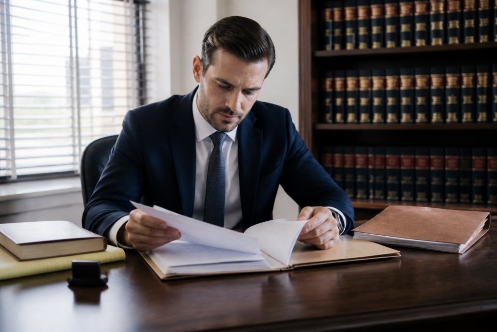 Criminal defense attorney in professional business attire reviewing case files and legal documents at a wooden desk in a law office, with case folders and legal briefs visible, natural window lighting