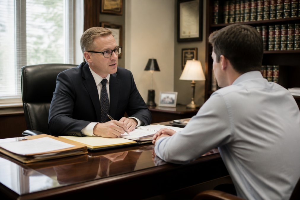 Criminal defense attorney having a serious consultation meeting with a client in a professional law office setting, seated across from each other at a desk with case files visible, formal business attire, professional lighting