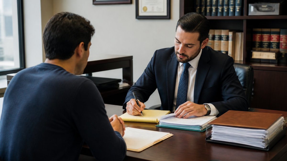 Criminal defense lawyer taking notes during a consultation with a client in a modern law office.