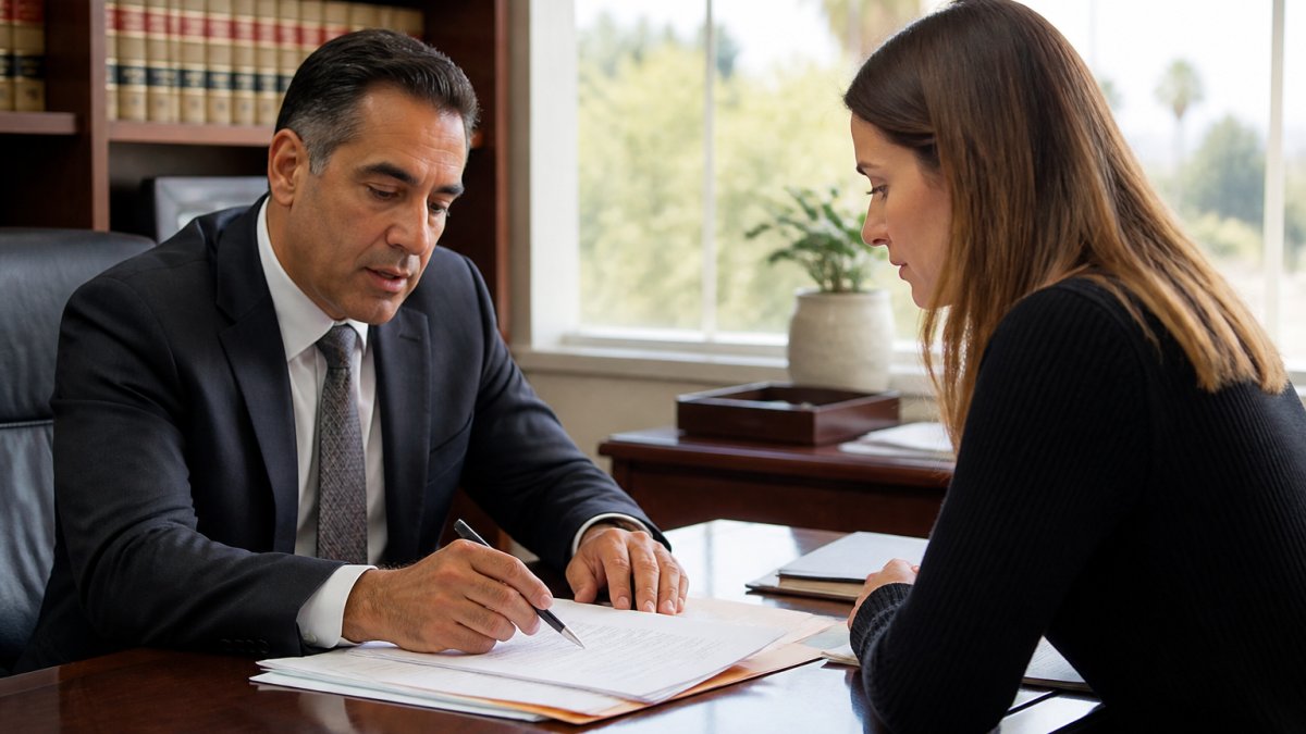 Professional attorney meeting with client in law office, reviewing case documents and discussing defense strategy options, natural office lighting