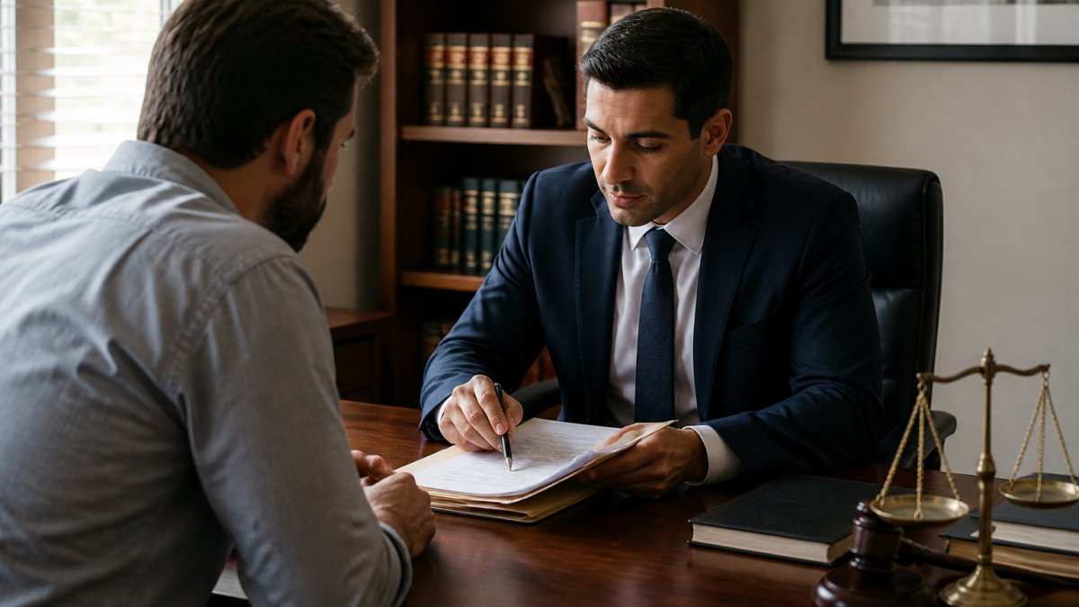 Professional attorney in business suit meeting with client in law office consultation room, reviewing case documents together at wooden desk with natural window lighting