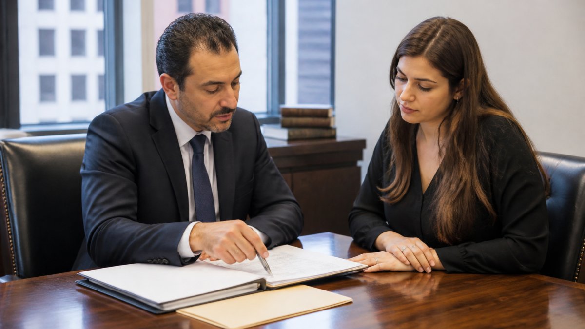 Professional attorney and client meeting in modern law office conference room, reviewing case documents together at wooden table with natural light from windows